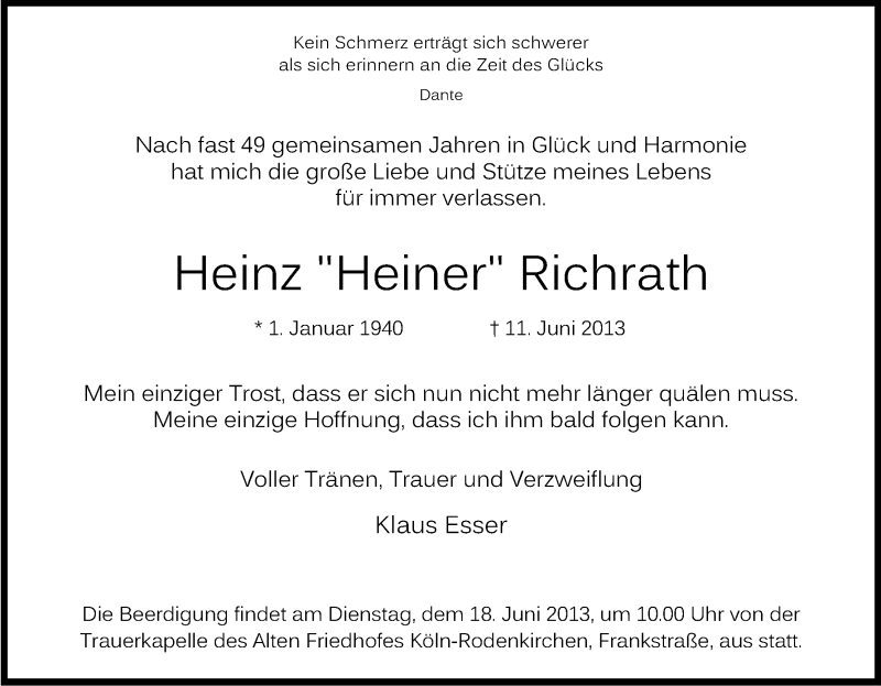  Traueranzeige für Heinz Richrath vom 15.06.2013 aus Kölner Stadt-Anzeiger / Kölnische Rundschau / Express