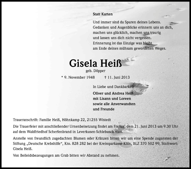  Traueranzeige für Gisela Heiß vom 15.06.2013 aus Kölner Stadt-Anzeiger / Kölnische Rundschau / Express