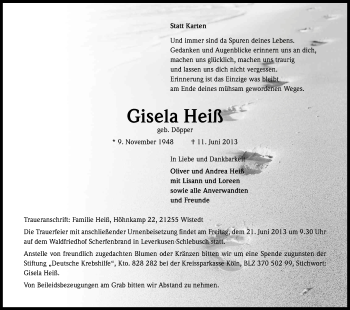 Anzeige von Gisela Heiß von Kölner Stadt-Anzeiger / Kölnische Rundschau / Express