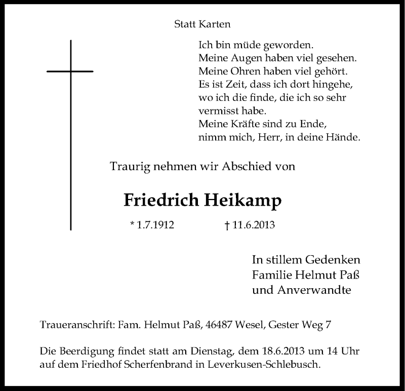  Traueranzeige für Friedrich Heikamp vom 15.06.2013 aus Kölner Stadt-Anzeiger / Kölnische Rundschau / Express
