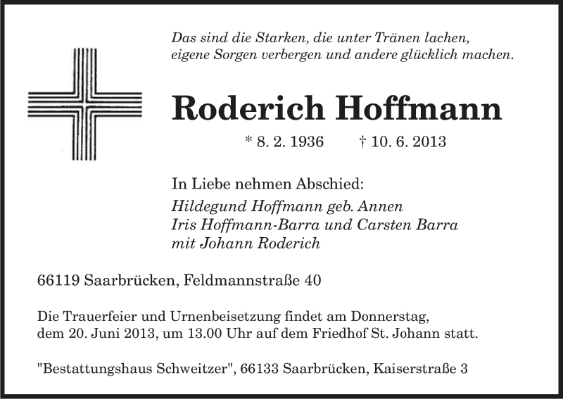  Traueranzeige für Roderich Hoffmann vom 15.06.2013 aus Kölner Stadt-Anzeiger / Kölnische Rundschau / Express