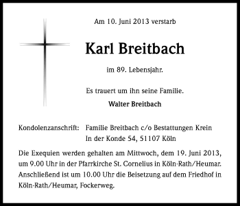 Anzeige von Karl Breitbach von Kölner Stadt-Anzeiger / Kölnische Rundschau / Express