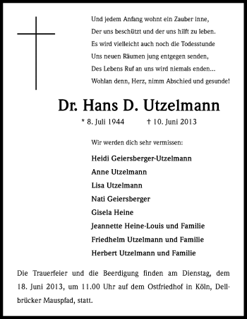 Anzeige von Hans Utzelmann von Kölner Stadt-Anzeiger / Kölnische Rundschau / Express