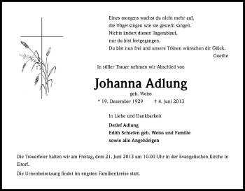 Anzeige von Johanna Adlung von Kölner Stadt-Anzeiger / Kölnische Rundschau / Express