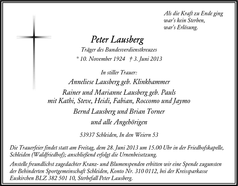  Traueranzeige für Peter Lausberg vom 15.06.2013 aus Kölner Stadt-Anzeiger / Kölnische Rundschau / Express