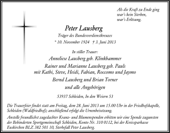 Anzeige von Peter Lausberg von Kölner Stadt-Anzeiger / Kölnische Rundschau / Express