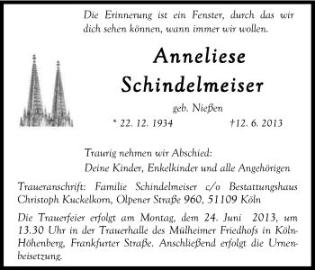 Anzeige von Anneliese Schindelmeiser von Kölner Stadt-Anzeiger / Kölnische Rundschau / Express