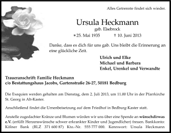 Anzeige von Ursula Heckmann von Kölner Stadt-Anzeiger / Kölnische Rundschau / Express