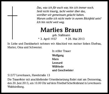 Anzeige von Marlies Braun von Kölner Stadt-Anzeiger / Kölnische Rundschau / Express