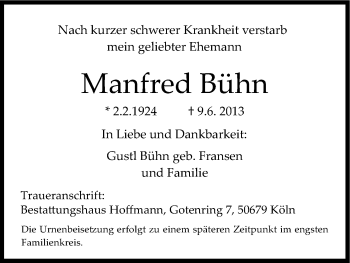 Anzeige von Bühn Manfred von Kölner Stadt-Anzeiger / Kölnische Rundschau / Express