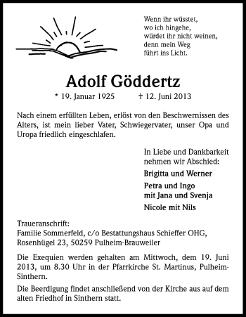 Anzeige von Adolf Göddertz von Kölner Stadt-Anzeiger / Kölnische Rundschau / Express