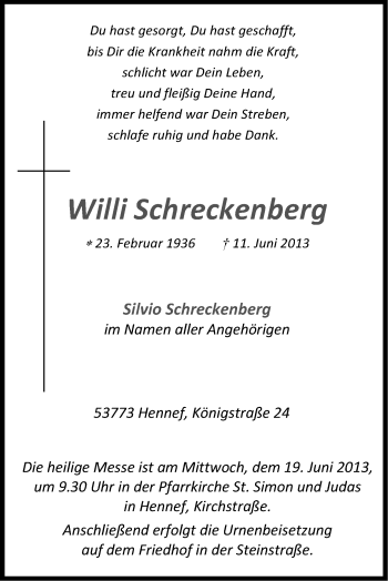 Anzeige von Willi Schreckenberg von Kölner Stadt-Anzeiger / Kölnische Rundschau / Express