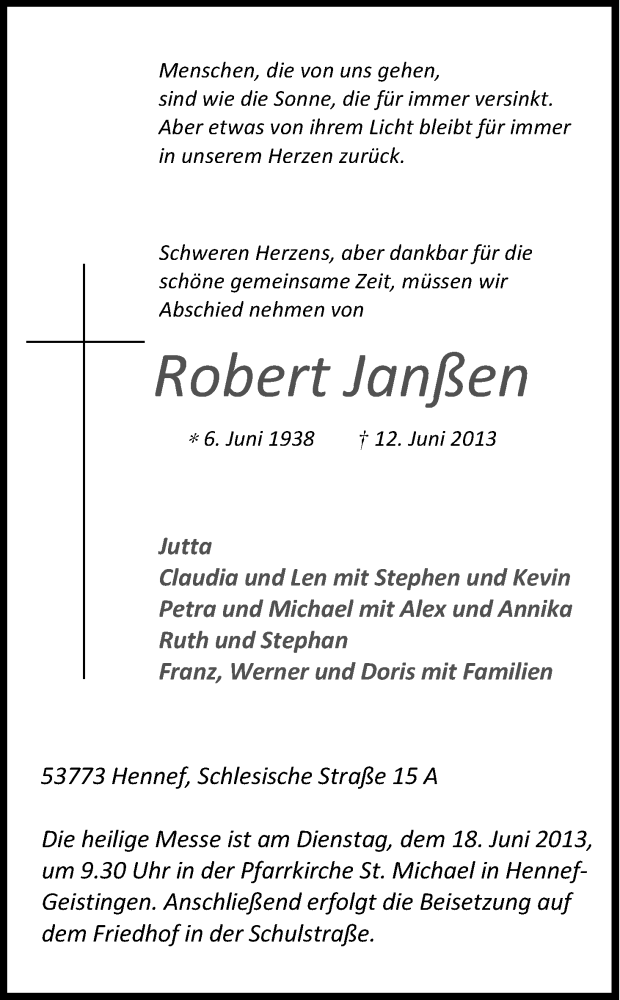  Traueranzeige für Robert Janßen vom 15.06.2013 aus Kölner Stadt-Anzeiger / Kölnische Rundschau / Express