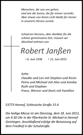 Anzeige von Robert Janßen von Kölner Stadt-Anzeiger / Kölnische Rundschau / Express