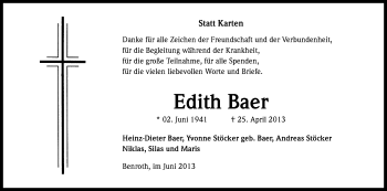 Anzeige von Edith Baer von Kölner Stadt-Anzeiger / Kölnische Rundschau / Express