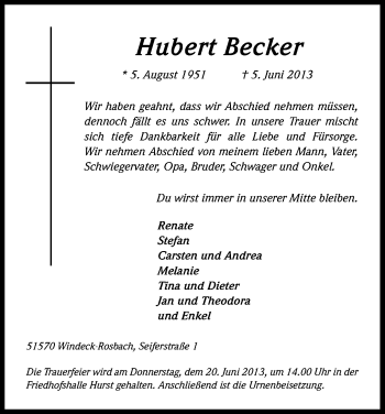 Anzeige von Hubert Becker von Kölner Stadt-Anzeiger / Kölnische Rundschau / Express