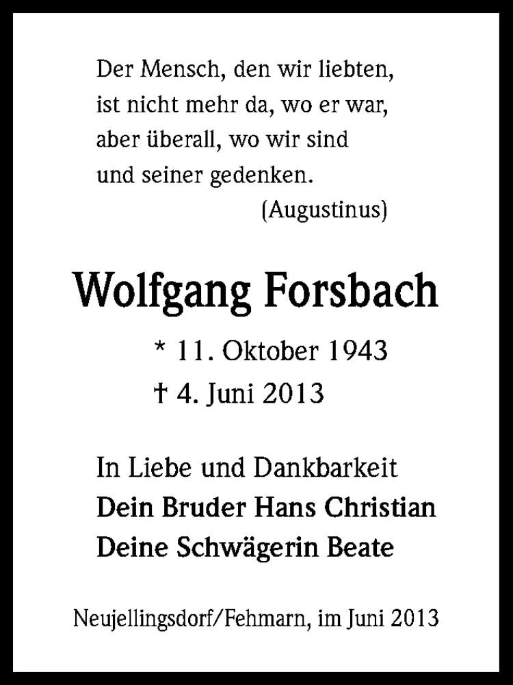  Traueranzeige für Wolfgang Forsbach vom 15.06.2013 aus Kölner Stadt-Anzeiger / Kölnische Rundschau / Express