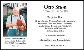 Anzeige von Otto Stum von Kölner Stadt-Anzeiger / Kölnische Rundschau / Express