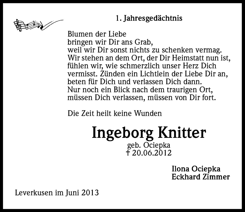 Traueranzeige für Ingeborg Knitter vom 20.06.2013 aus Kölner Stadt-Anzeiger / Kölnische Rundschau / Express
