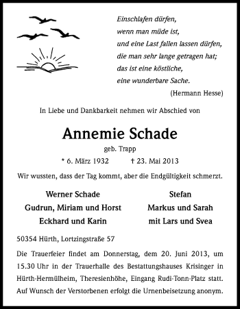Anzeige von Annemie Schade von Kölner Stadt-Anzeiger / Kölnische Rundschau / Express
