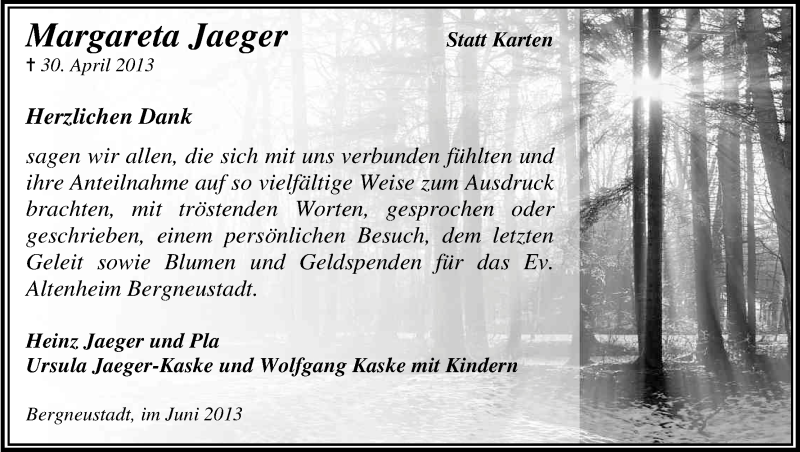  Traueranzeige für Margareta Jaeger vom 15.06.2013 aus Kölner Stadt-Anzeiger / Kölnische Rundschau / Express