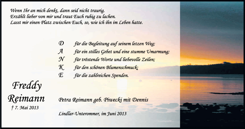 Traueranzeige für Freddy Reimann vom 15.06.2013 aus Kölner Stadt-Anzeiger / Kölnische Rundschau / Express