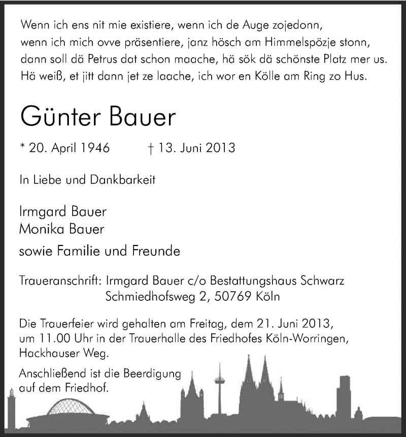  Traueranzeige für Günter Bauer vom 15.06.2013 aus Kölner Stadt-Anzeiger / Kölnische Rundschau / Express