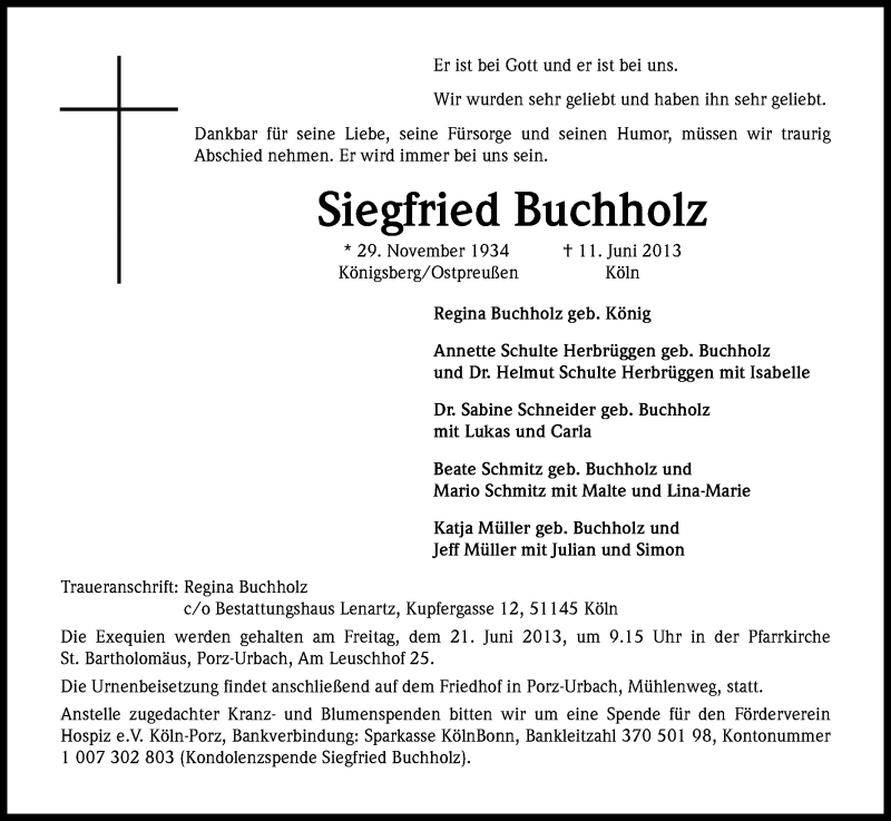  Traueranzeige für Siegfried Buchholz vom 15.06.2013 aus Kölner Stadt-Anzeiger / Kölnische Rundschau / Express