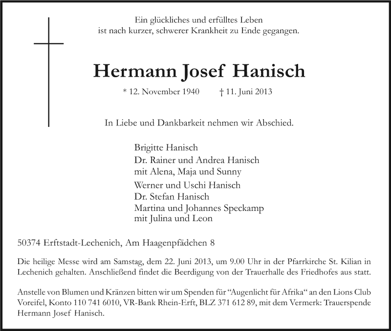  Traueranzeige für Hermann Josef Hanisch vom 15.06.2013 aus Kölner Stadt-Anzeiger / Kölnische Rundschau / Express