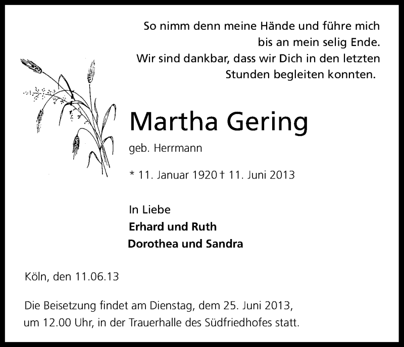  Traueranzeige für Martha Gering vom 15.06.2013 aus Kölner Stadt-Anzeiger / Kölnische Rundschau / Express
