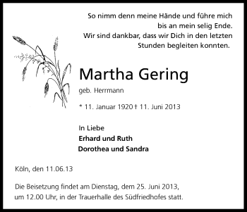 Anzeige von Martha Gering von Kölner Stadt-Anzeiger / Kölnische Rundschau / Express
