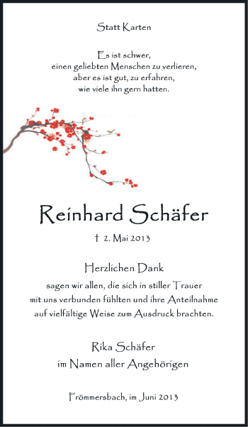 Anzeige von Reinhard Schäfer von Kölner Stadt-Anzeiger / Kölnische Rundschau / Express