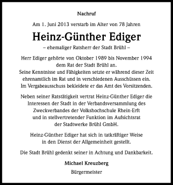Anzeige von Heinz-Günther Ediger von Kölner Stadt-Anzeiger / Kölnische Rundschau / Express