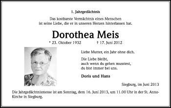 Anzeige von Dorothea Meis von Kölner Stadt-Anzeiger / Kölnische Rundschau / Express