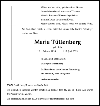 Anzeige von Maria Tüttenberg von Kölner Stadt-Anzeiger / Kölnische Rundschau / Express