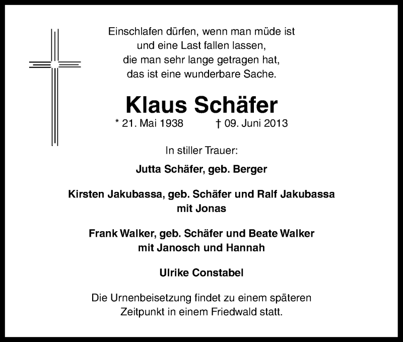  Traueranzeige für Klaus Schäfer vom 15.06.2013 aus Kölner Stadt-Anzeiger / Kölnische Rundschau / Express