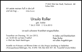 Anzeige von Ursula Roller von Kölner Stadt-Anzeiger / Kölnische Rundschau / Express
