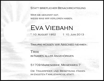Anzeige von Eva Viebahn von Kölner Stadt-Anzeiger / Kölnische Rundschau / Express