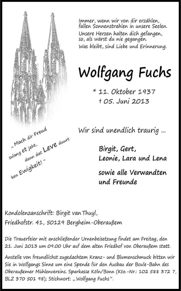  Traueranzeige für Wolfgang Fuchs vom 15.06.2013 aus Kölner Stadt-Anzeiger / Kölnische Rundschau / Express