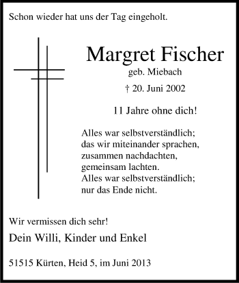 Anzeige von Margret Fischer von Kölner Stadt-Anzeiger / Kölnische Rundschau / Express