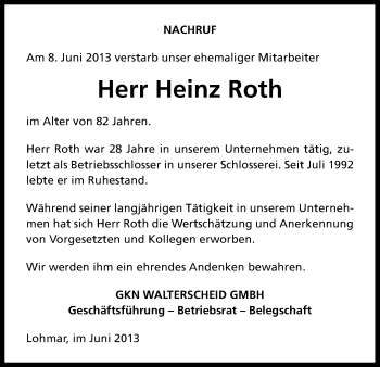 Anzeige von Heinz Roth von Kölner Stadt-Anzeiger / Kölnische Rundschau / Express