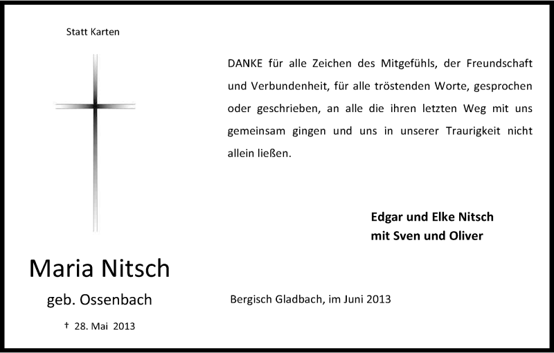  Traueranzeige für Maria Nitsch vom 15.06.2013 aus Kölner Stadt-Anzeiger / Kölnische Rundschau / Express