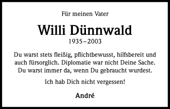 Anzeige von Willi Dünnwald von Kölner Stadt-Anzeiger / Kölnische Rundschau / Express
