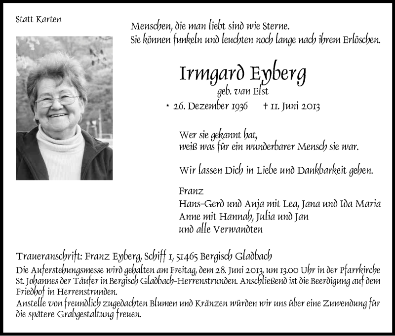  Traueranzeige für Irmgard Eyberg vom 19.06.2013 aus Kölner Stadt-Anzeiger / Kölnische Rundschau / Express