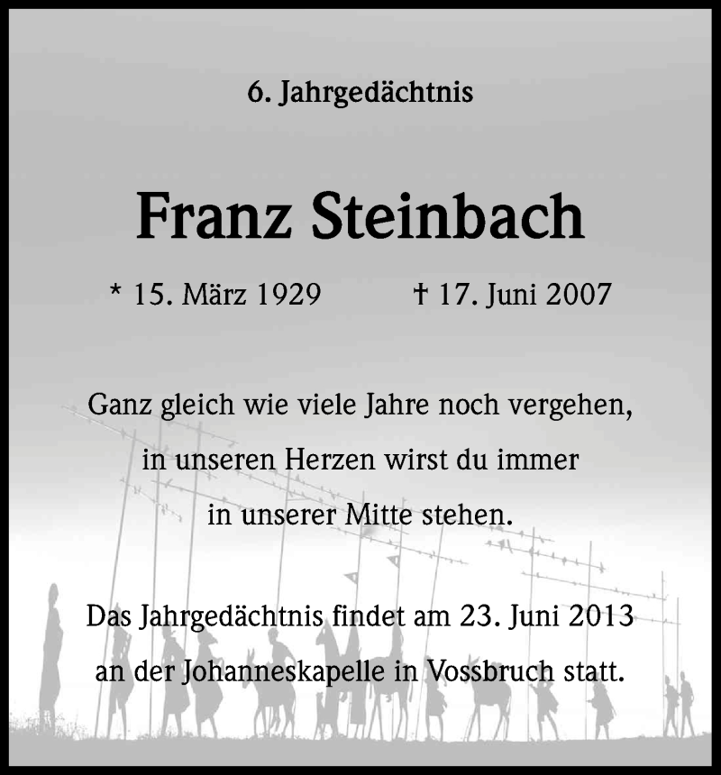  Traueranzeige für Franz Steinbach vom 17.06.2013 aus Kölner Stadt-Anzeiger / Kölnische Rundschau / Express