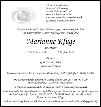 Anzeige von Marianne Kluge von Kölner Stadt-Anzeiger / Kölnische Rundschau / Express