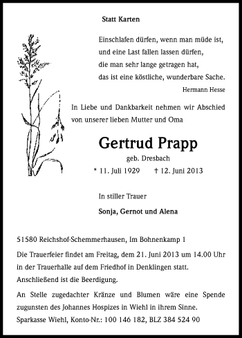 Anzeige von Gertrud Prapp von Kölner Stadt-Anzeiger / Kölnische Rundschau / Express