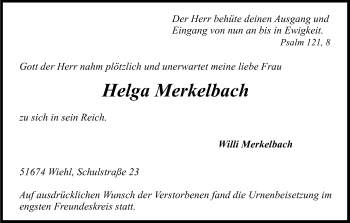 Anzeige von Helga Merkelbach von Kölner Stadt-Anzeiger / Kölnische Rundschau / Express