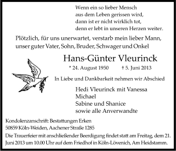 Anzeige von Hans-Günter Vleurinck von Kölner Stadt-Anzeiger / Kölnische Rundschau / Express