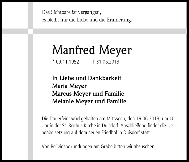  Traueranzeige für Manfred Meyer vom 18.06.2013 aus Kölner Stadt-Anzeiger / Kölnische Rundschau / Express